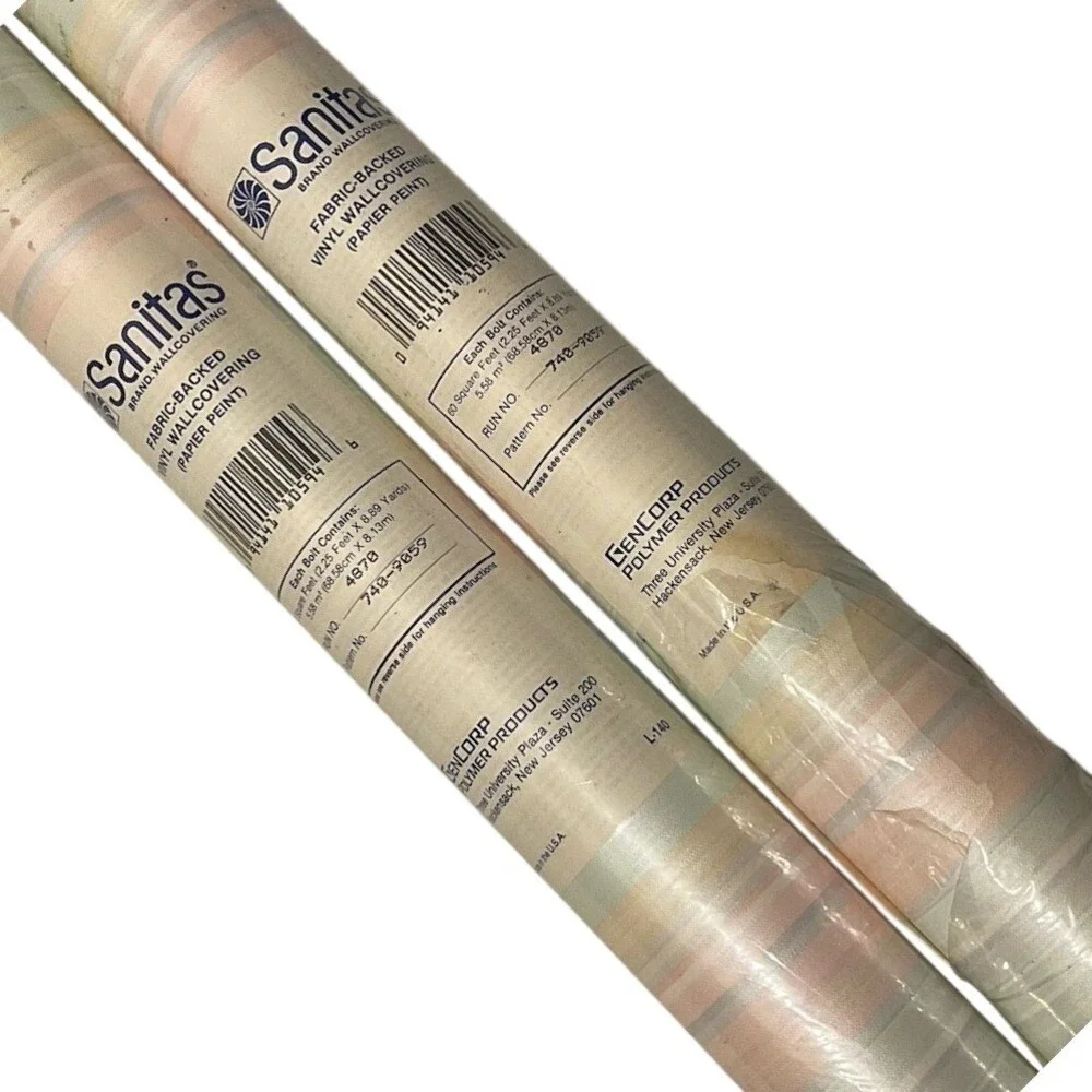 3 Rolls Vtg Sanitas Fabric Backed Vinyl Wallpaper Pattern Pastel Stripe Cottage